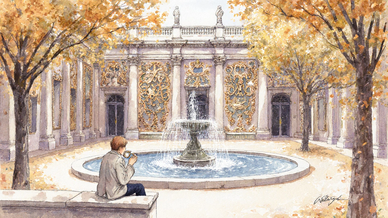 A serene courtyard at the Wallace Collection with a fountain, a person drinking tea on a bench, surrounded by historic decor.