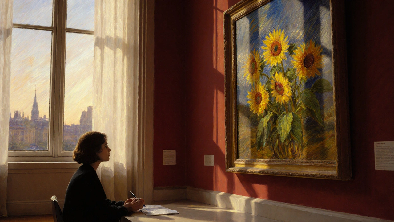 Someone gazing at Van Gogh&#039;s Sunflowers in a quiet gallery as golden light falls on the painting.