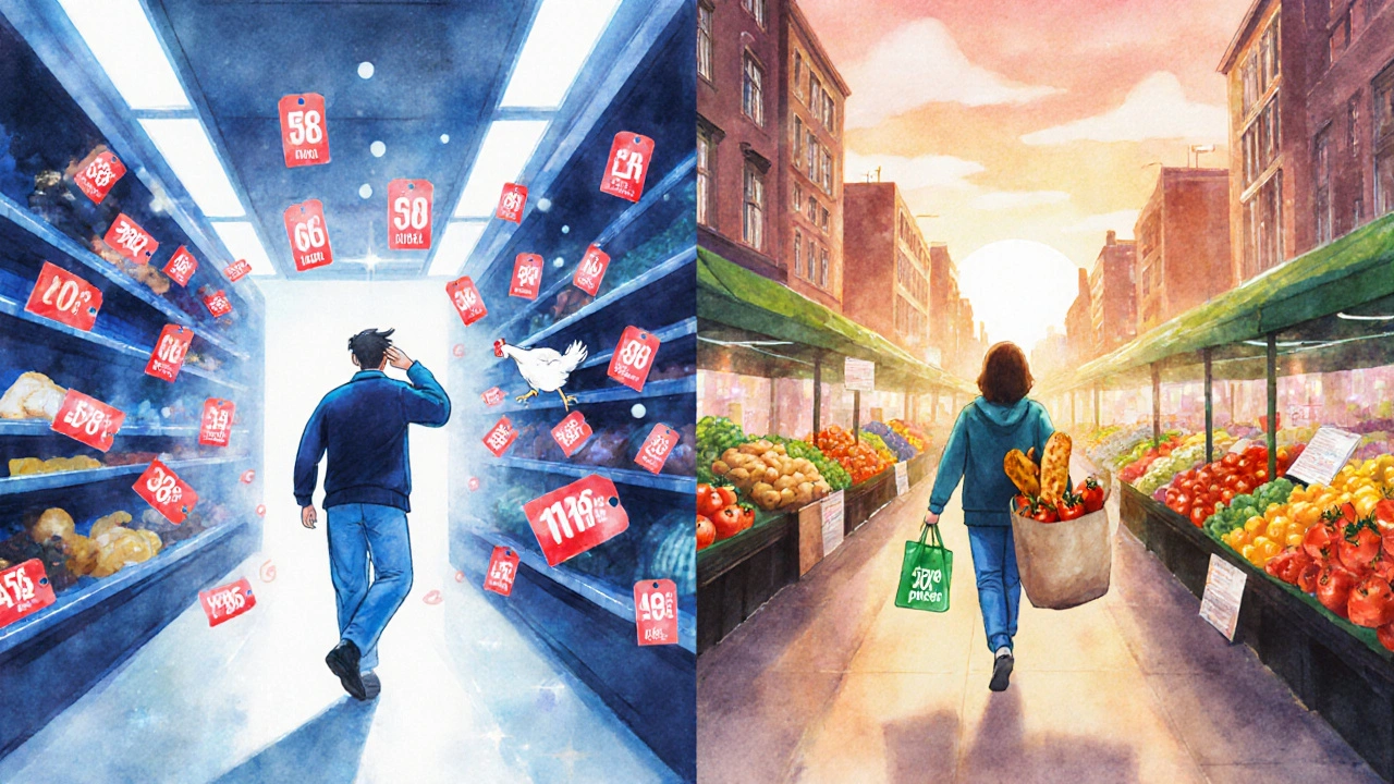 A conceptual split scene showing stressful full-price shopping versus calm discounted market shopping.