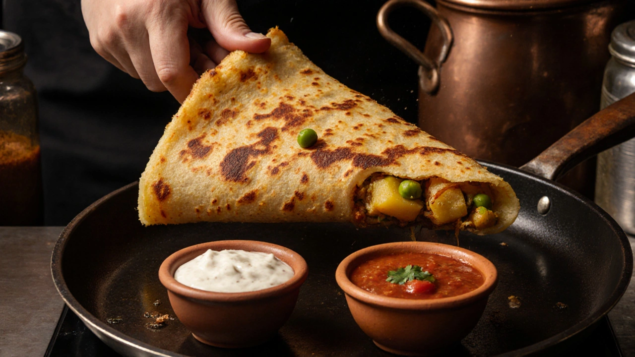 A crispy masala dosa with spiced potato filling, served with coconut and tomato chutneys.