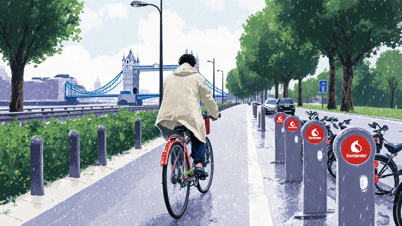 A cyclist riding safely on a protected bike lane past Tower Bridge in London.
