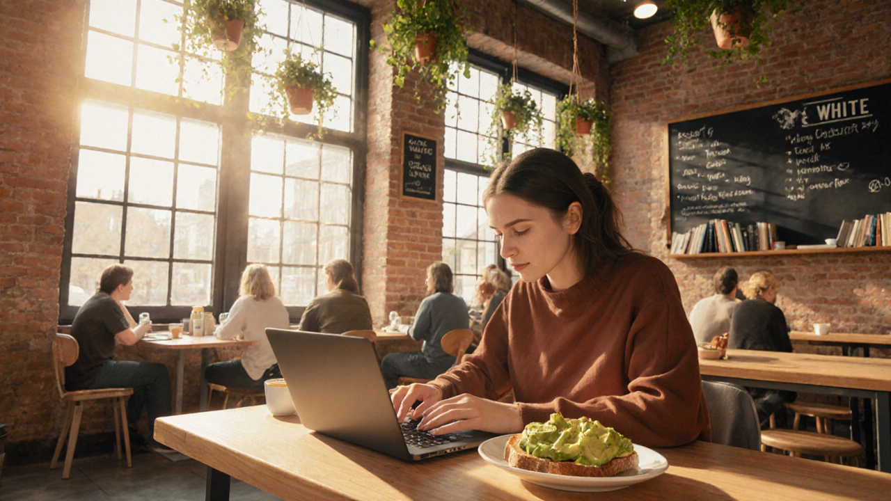A freelancer working at Flat White with avocado toast and a flat white in an industrial-chic café.