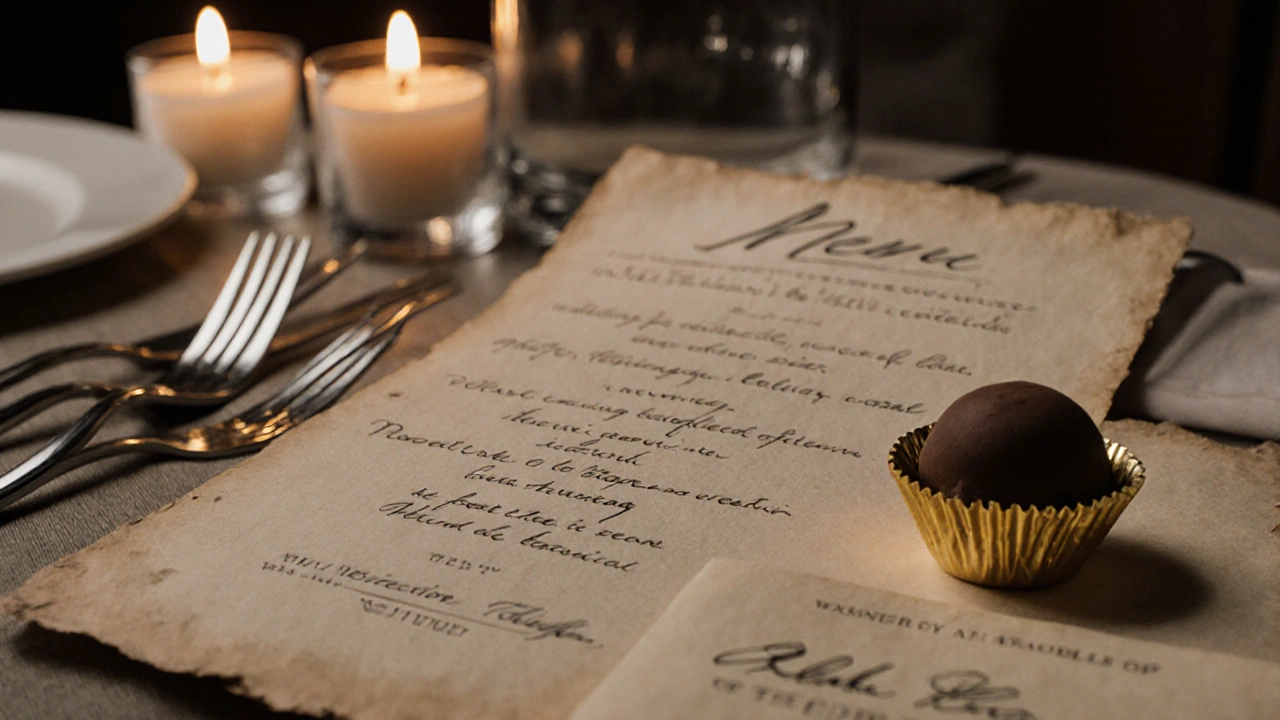 A handwritten menu and gold-wrapped truffle beside silverware, symbolizing a memorable dining experience.