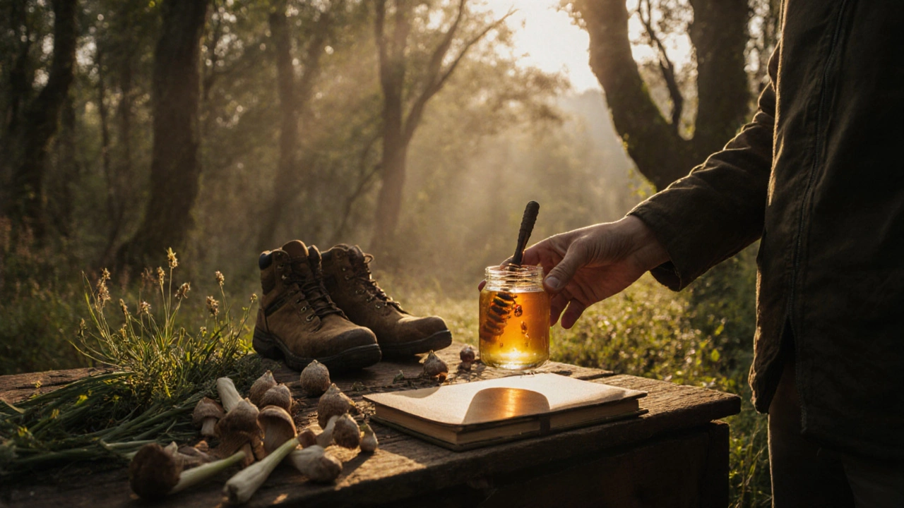 A jar of wild honey beside foraged mushrooms and wild garlic on a wooden table in a sunlit forest.