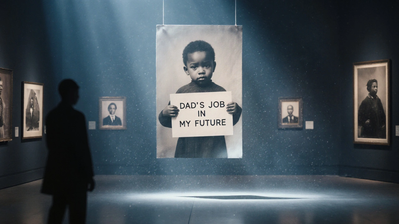 A life-size photo of a child with a sign in a dim museum room, surrounded by historical photographs.