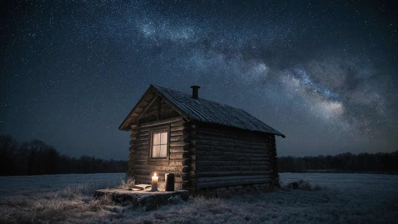 A lone wooden cabin glowing faintly at night in a vast meadow under a starry sky, no lights but the candle.