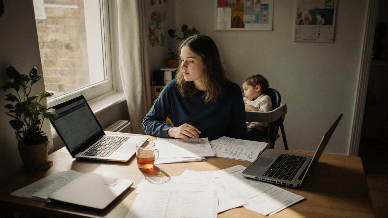 A mother organizing school and childcare paperwork at home while her child naps nearby.