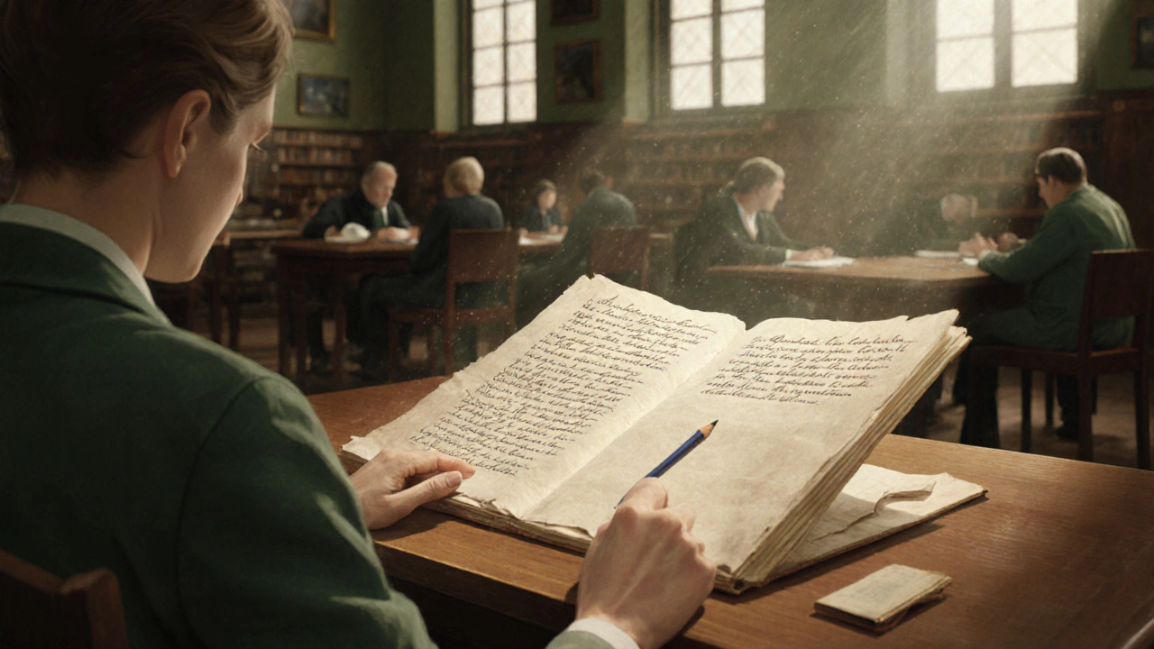 A reader examines Lewis Carroll&#039;s original Alice manuscript with pencil and notebook in the British Library&#039;s quiet reading room.