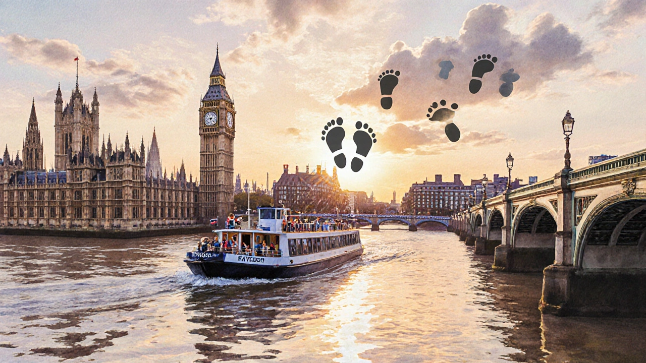 A riverboat sailing past London landmarks at sunset with no smoke and calm passengers.