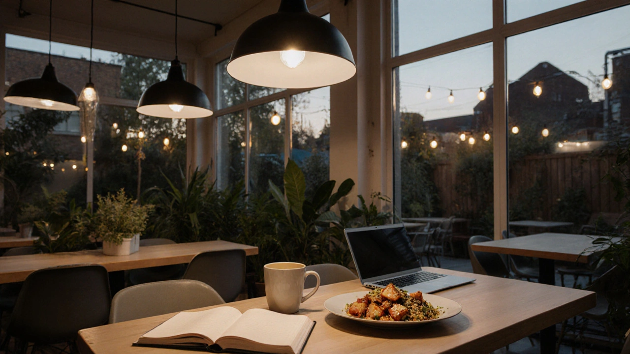 A serene workspace at Common Ground with coffee, seasonal food, and lush plants at dusk.