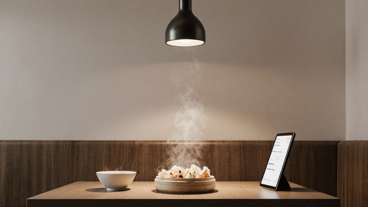 A single basket of delicate crab dumplings at Yum Cha in Soho, lit by soft ambient light in a modern setting.