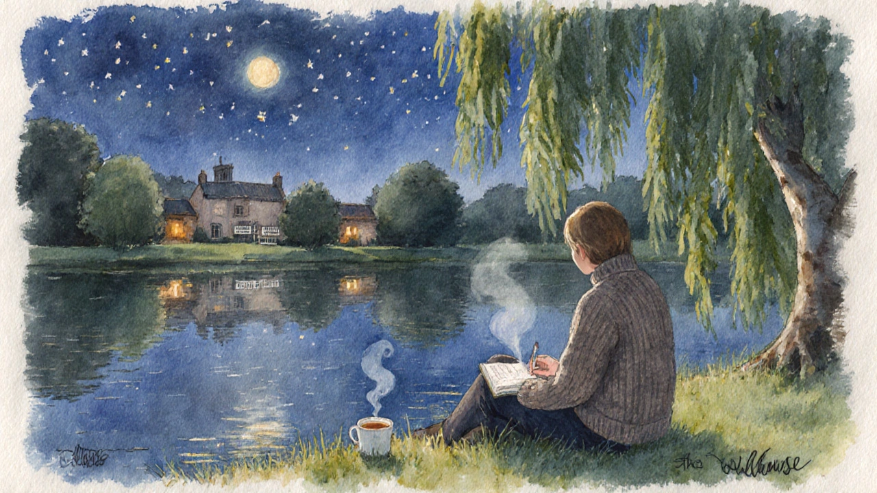 A solitary figure sitting by a still pond at twilight, journal open, herbal tea steaming, under a starry sky.