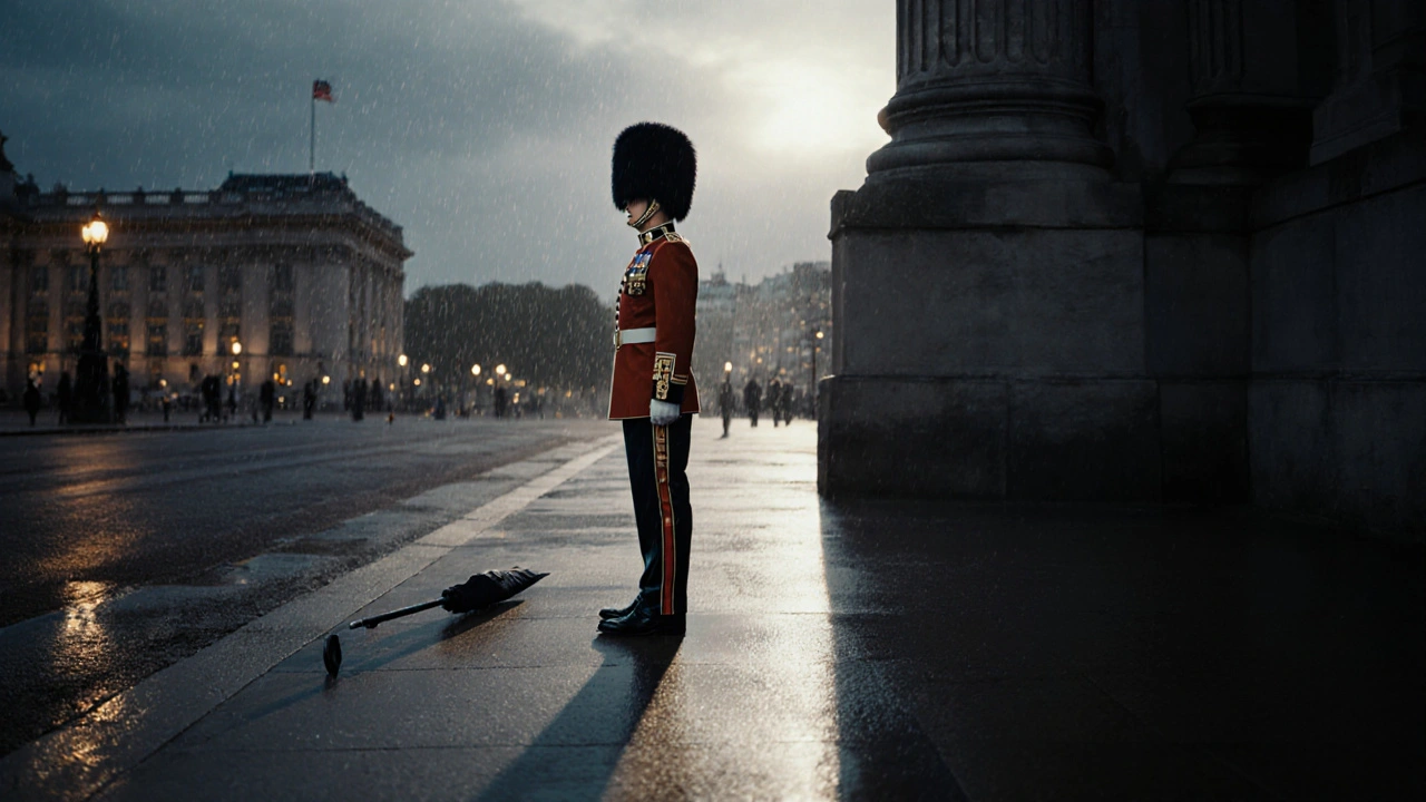 A solitary Queen’s Guard stands perfectly still at dusk, rain glistening on their uniform.
