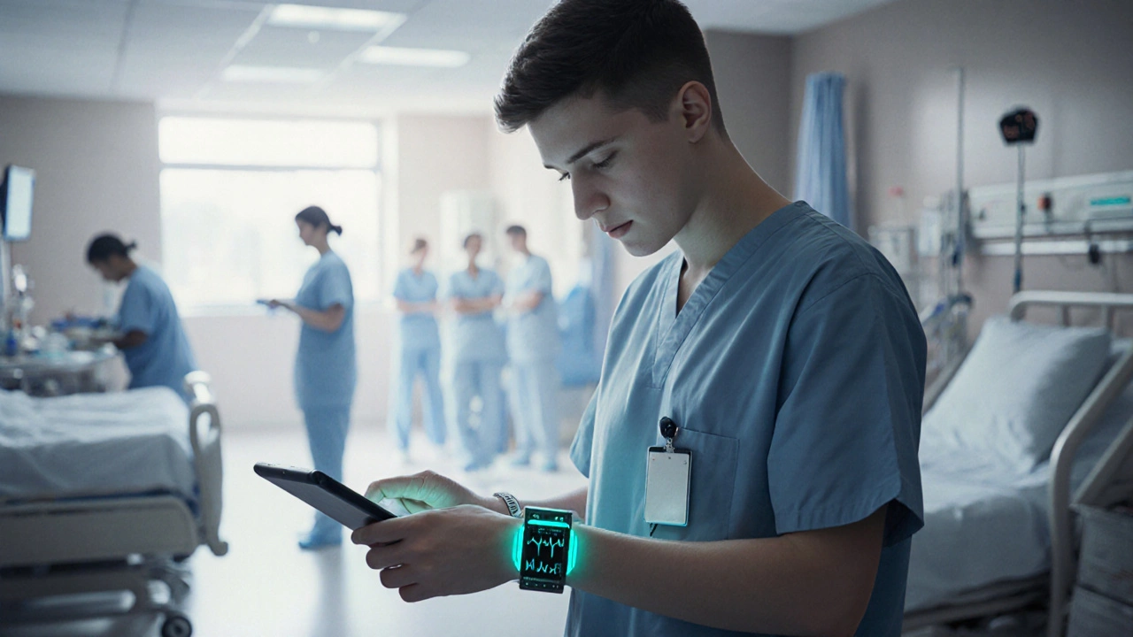 A student wearing a wearable health sensor in a hospital ICU setting.