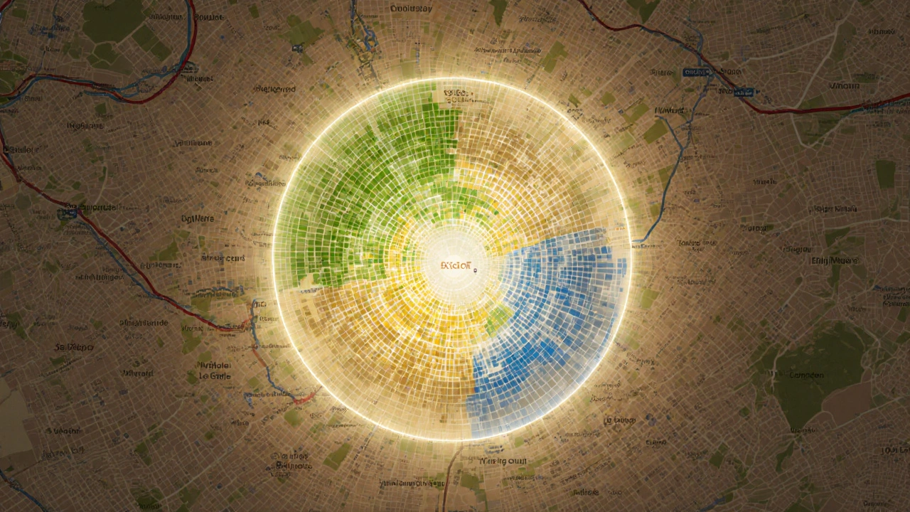 A stylized map of London&#039;s transport zones with color-coded clusters and connecting lines.