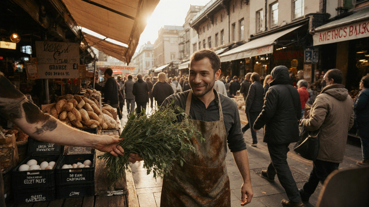A vendor at Borough Market gives away cheap herbs to a customer as the market winds down at dusk.