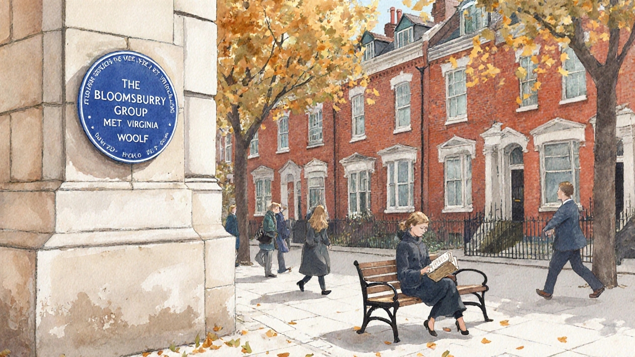 A woman reading on a bench in Gordon Square, a blue plaque visible on the building behind her.