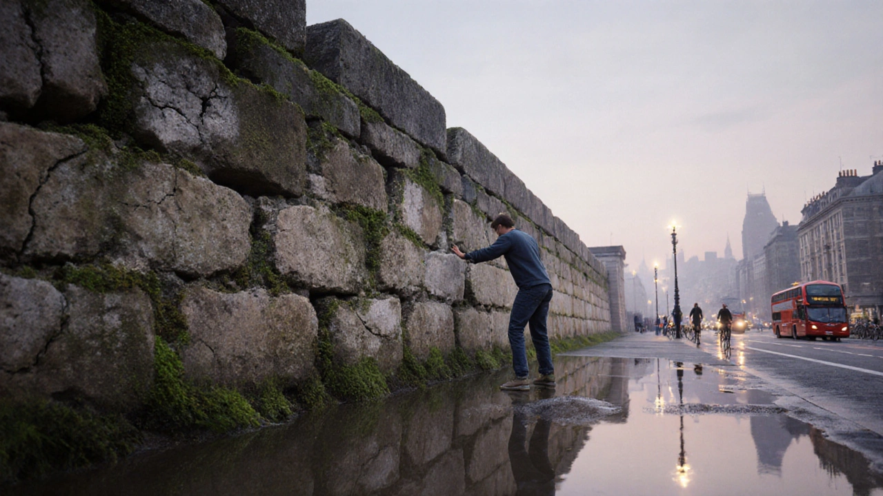 Ancient Roman wall fragment covered in moss, with a person touching the stones at twilight near Tower Hill.