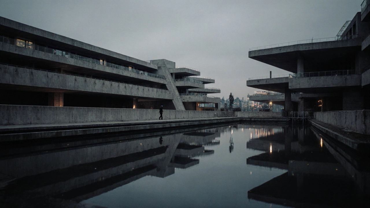 Barbican Estate’s Brutalist architecture mirrored in water pools at dusk with a lone walker.