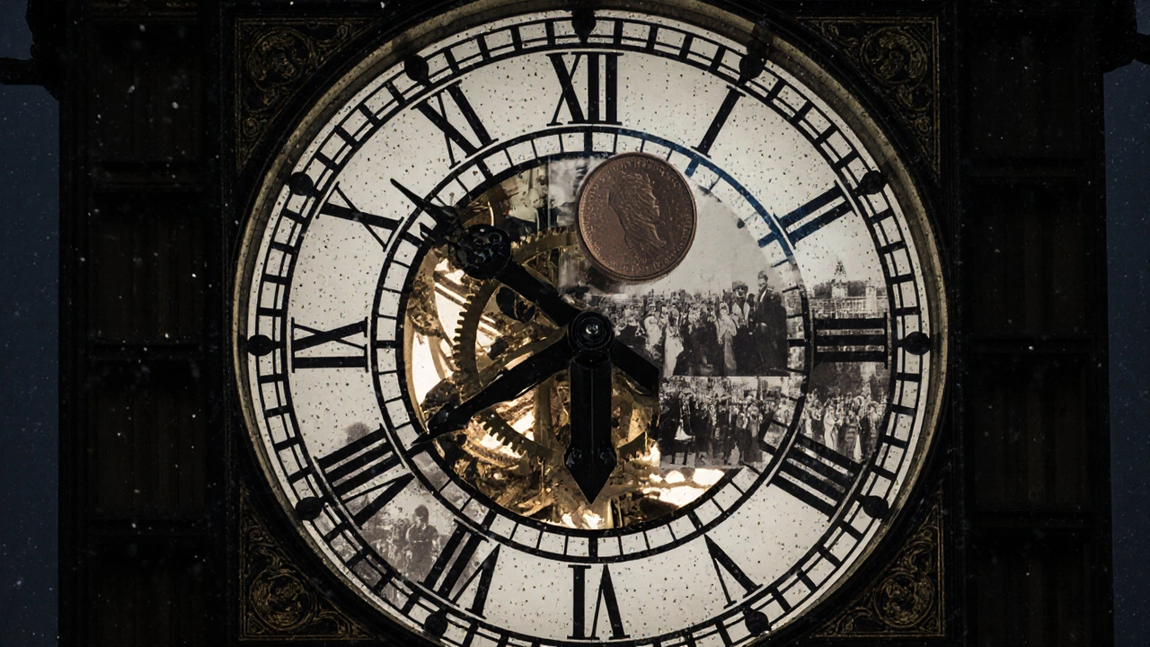 Big Ben&#039;s clock face with a penny on the pendulum, surrounded by historical moments.
