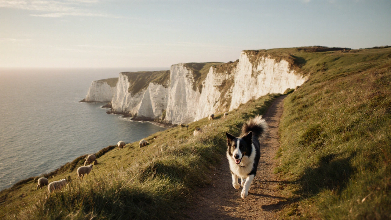 Border Collie on cliff path at Beachy Head with chalk cliffs and sea stretching to horizon.