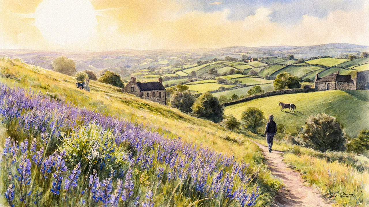 Box Hill covered in bluebells and wild garlic, with a hiker overlooking the Surrey countryside in soft spring light.