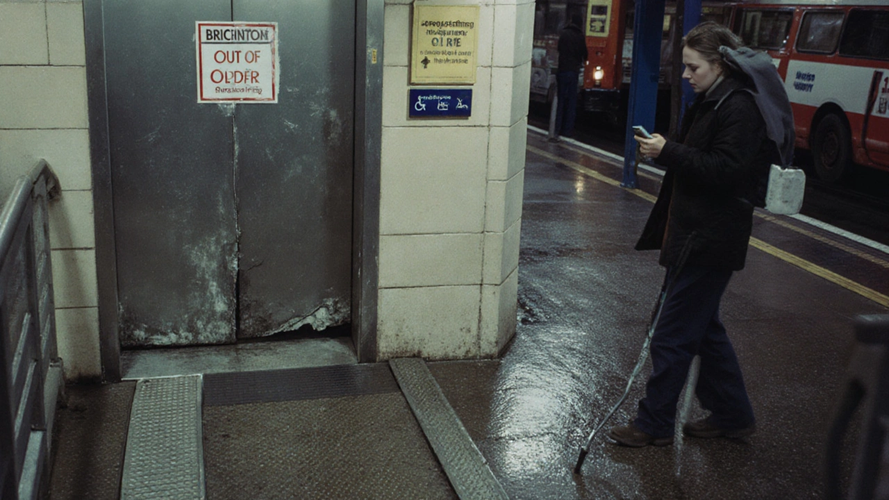 Broken elevator and steep ramp at Brixton station in rainy conditions.