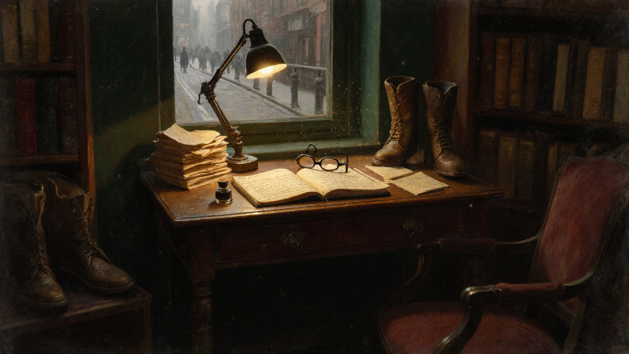Charles Dickens&#039;s writing desk in his museum home, with inkwell, glasses, and boots beside an open notebook.