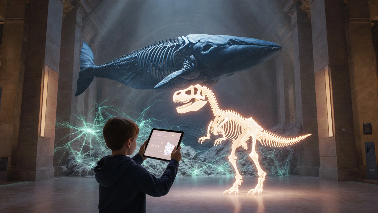 Child using a tablet to see an animated T. rex beside the fossil in Natural History Museum.