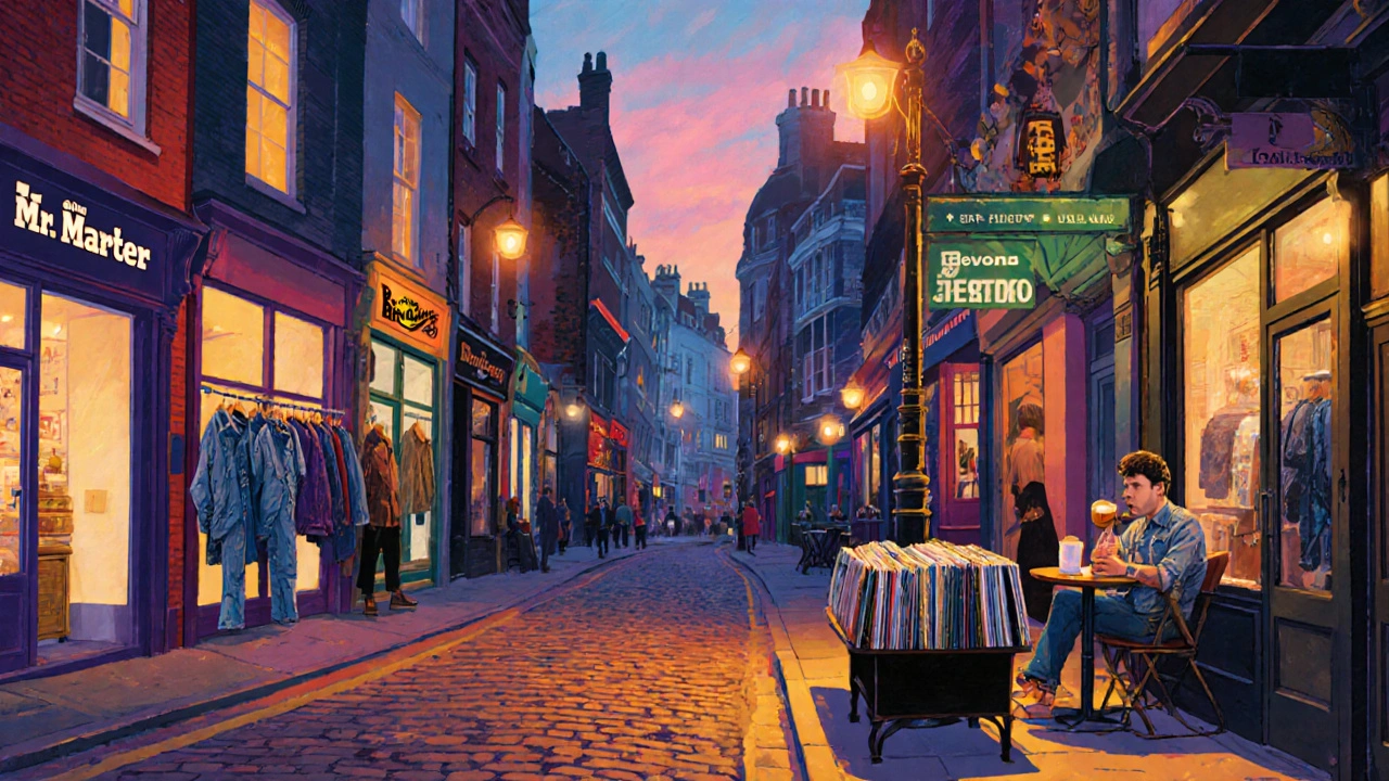 Colorful Carnaby Street with vintage stores and café patrons in Soho.