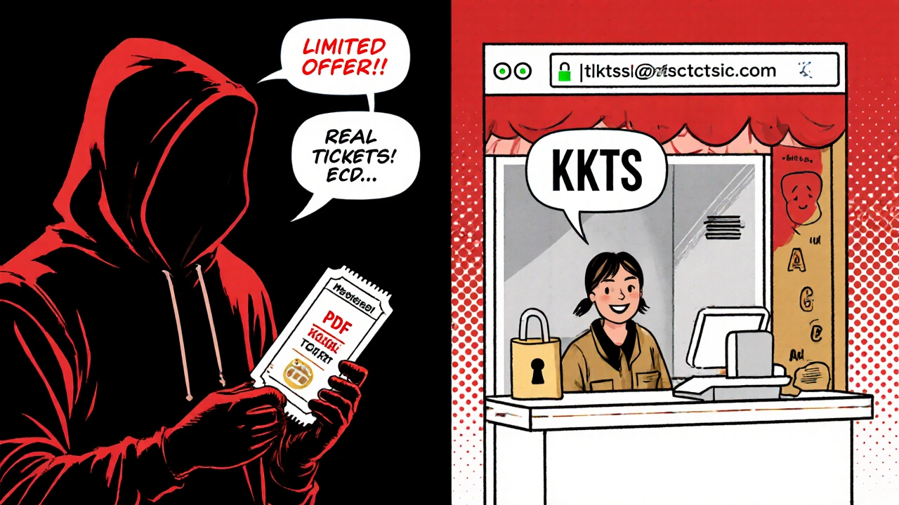 Comic-style contrast between a scammer sending fake tickets and a safe TKTS booth purchase.