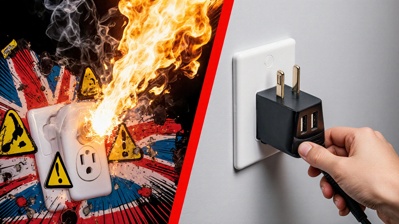 Comic-style split scene: smoking hair dryer vs. safe charging with UK adapter.