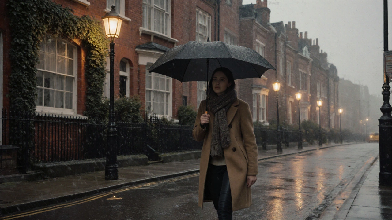 Commuter in autumn wool coat and scarf walking past brick houses in drizzling rain, holding an umbrella.