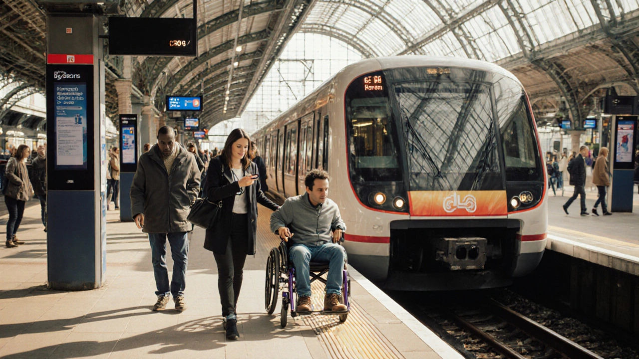 Commuters boarding a DLR train at Tower Gateway, including a wheelchair user, with digital displays and natural light.