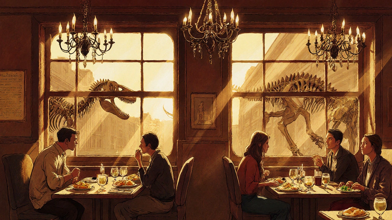 Cozy vegan restaurant across from Natural History Museum with fish and chips and Sunday roast on wooden tables.