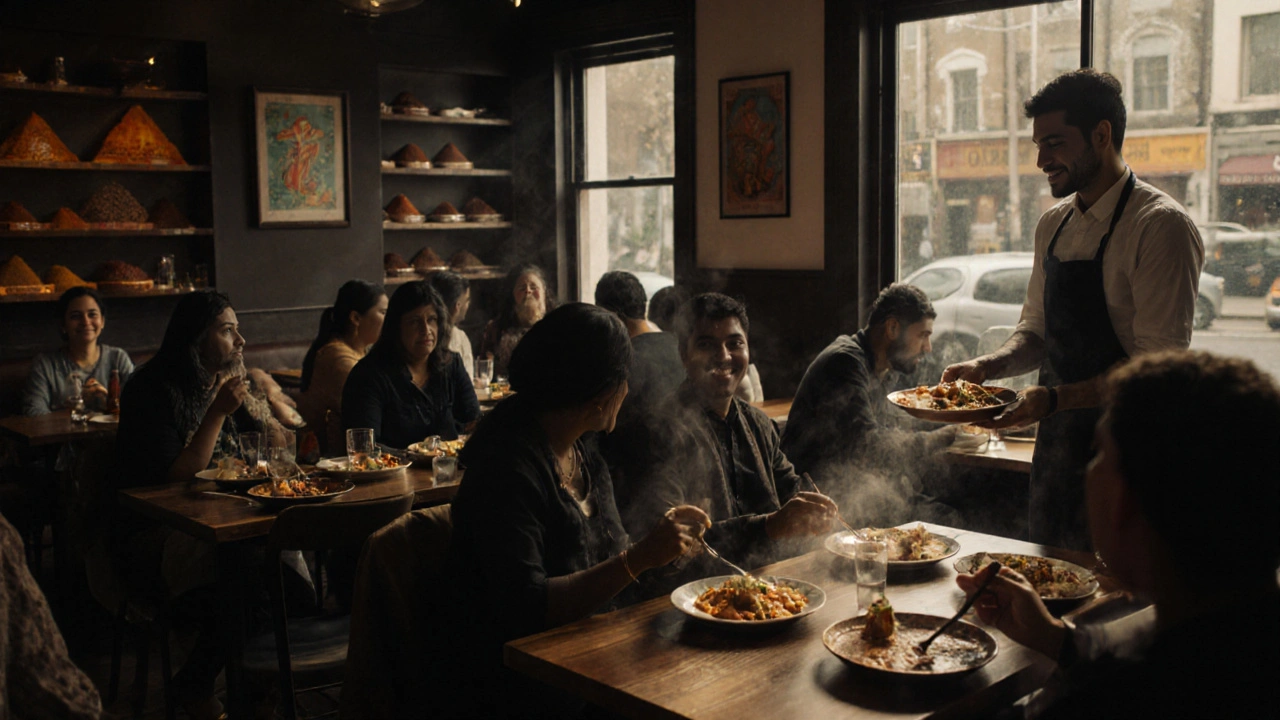 Customers enjoying vegan dosas and thalis in a warm, lively Brixton Indian restaurant.
