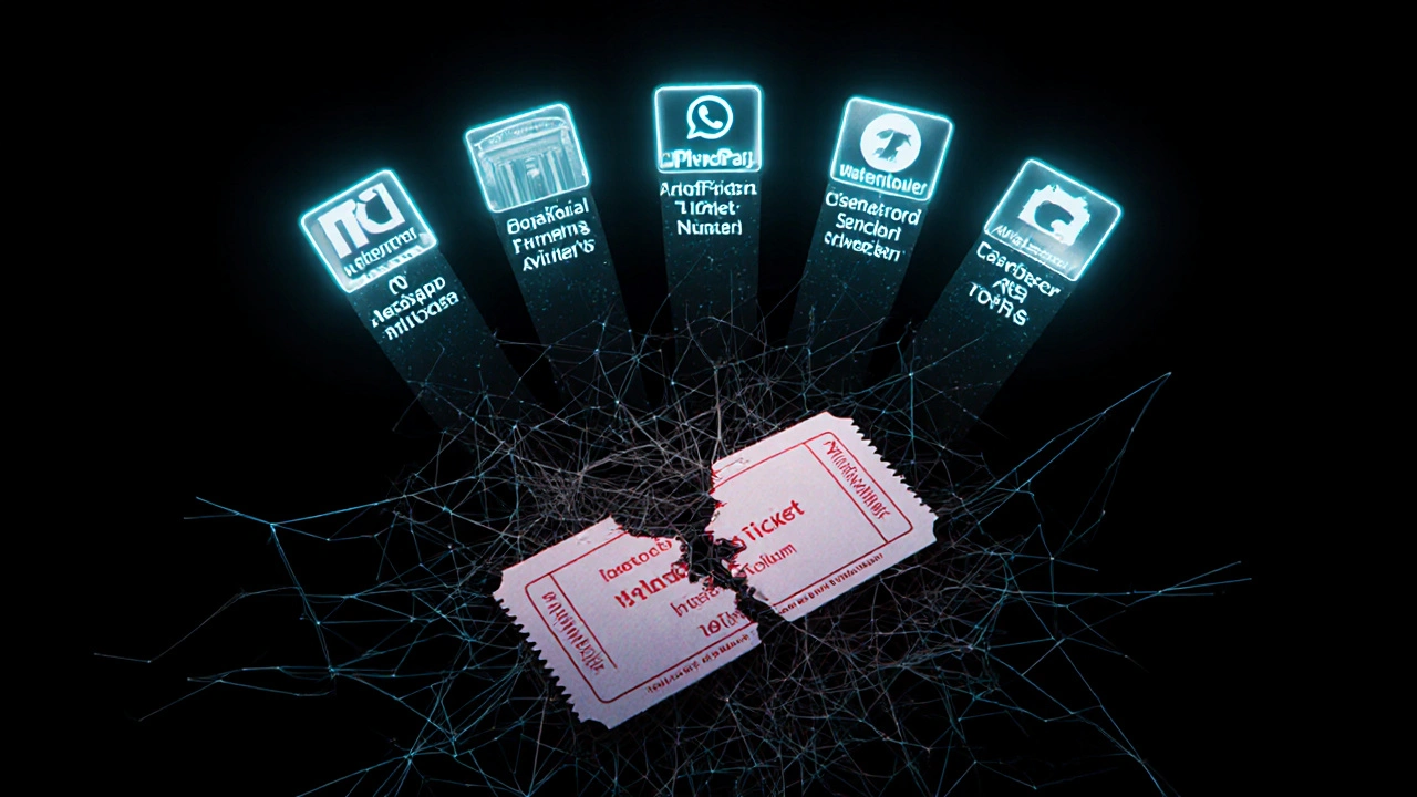Digital web of scams collapsing beneath glowing icons of trusted ticket sellers.