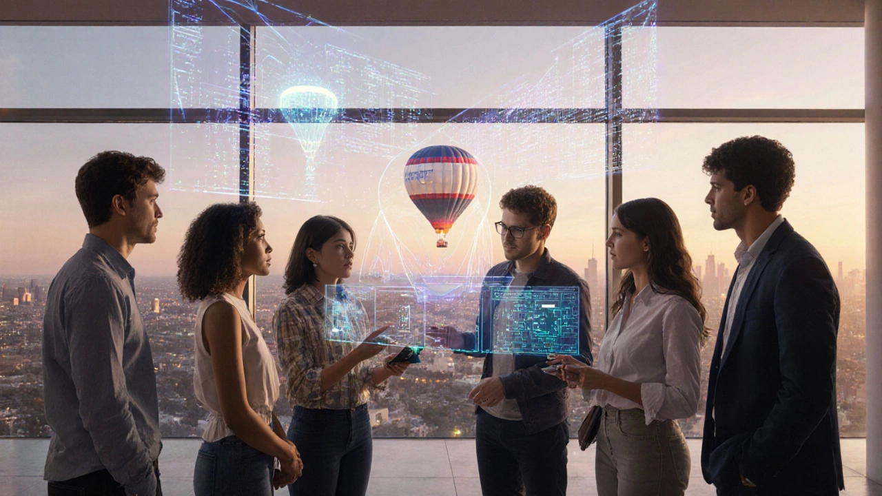 Diverse group presenting a medical algorithm prototype at Imperial&#039;s innovation campus.