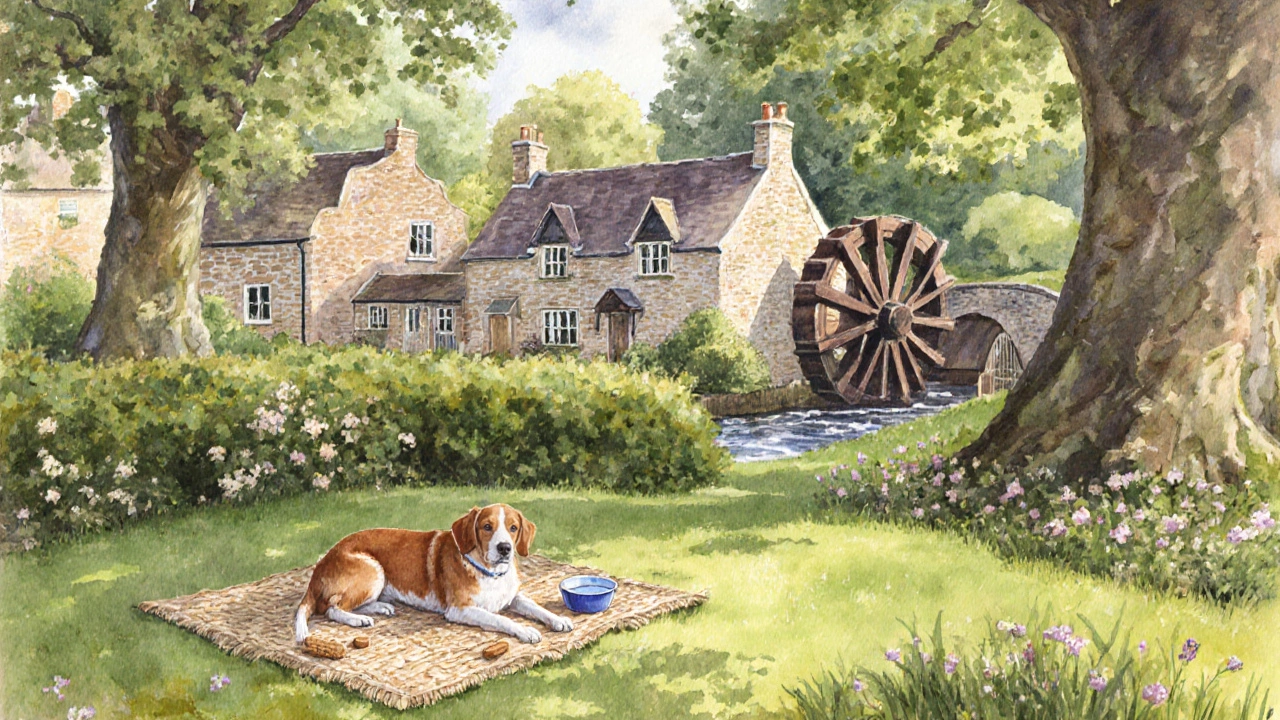 Dog resting on grass in Chiddingstone village with stone cottages and waterwheel nearby.