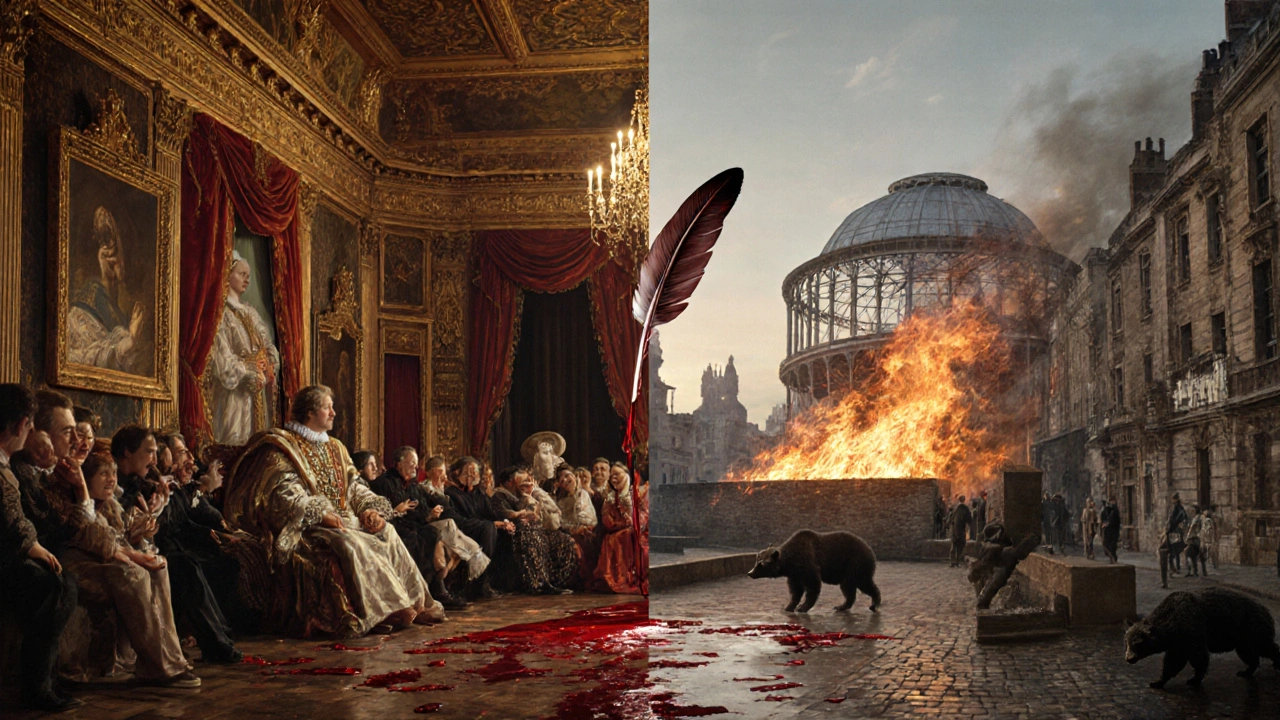 Dual-layered vision of Shakespeare’s London: royal court above, gritty Bankside below, connected by a glowing quill.