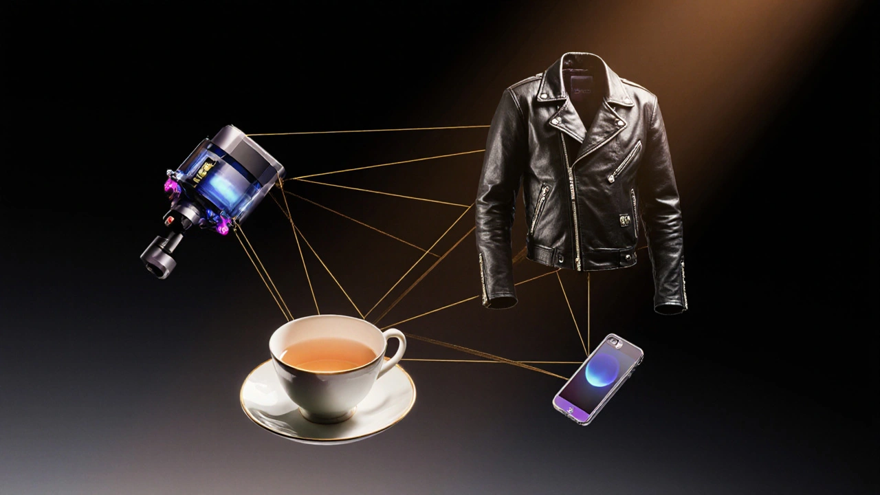 Floating iconic design objects from different eras connected by golden threads in a dark background.