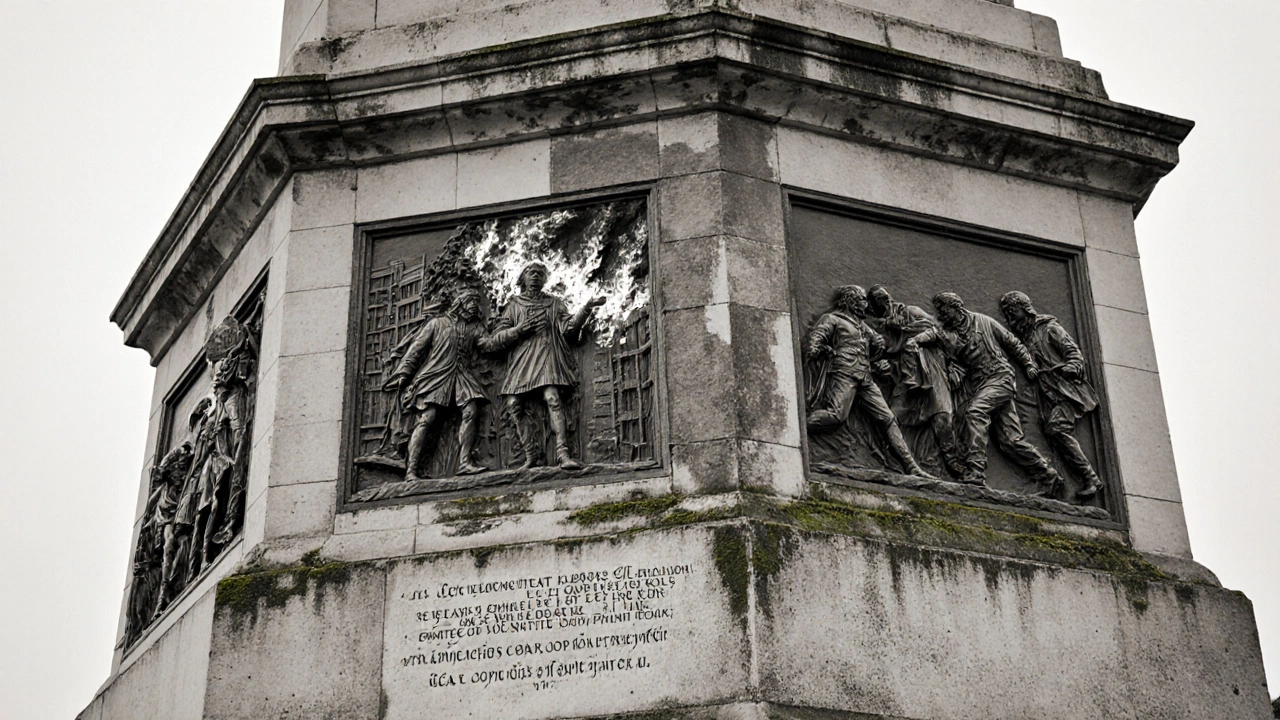 Four bronze reliefs at the base of the Monument, depicting the Great Fire, royal response, evacuation, and a hidden historical inscription.