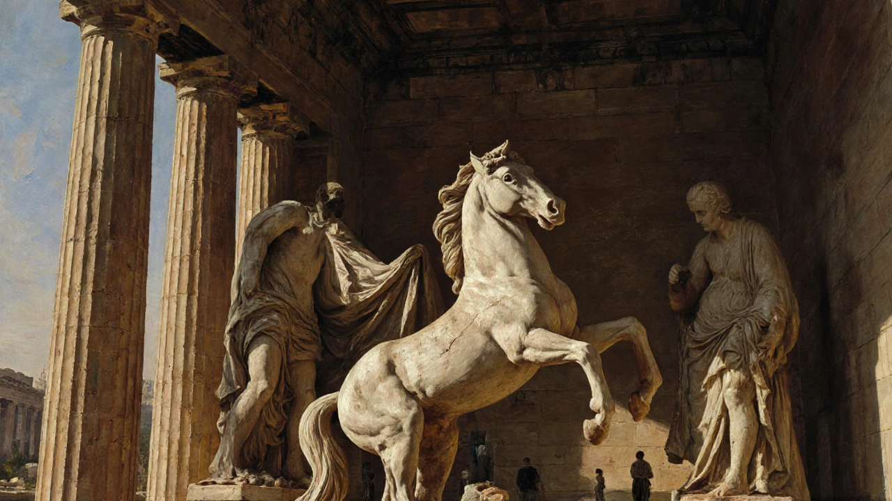Fragmented marble sculptures from the Parthenon, showing dynamic movement and emotion in weathered stone under dramatic light.