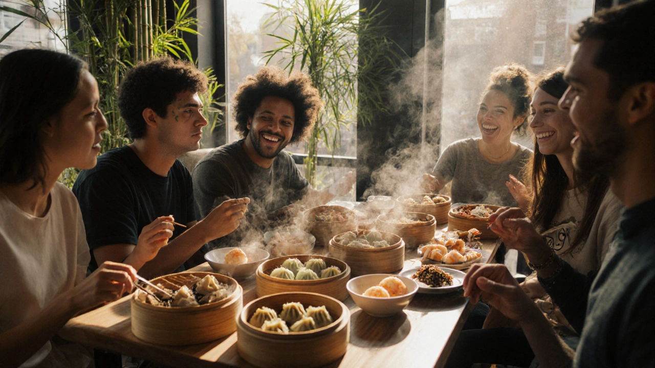 Friends enjoying vegan and shrimp dumplings at Bamboo Garden in Peckham, sunlight streaming through windows.