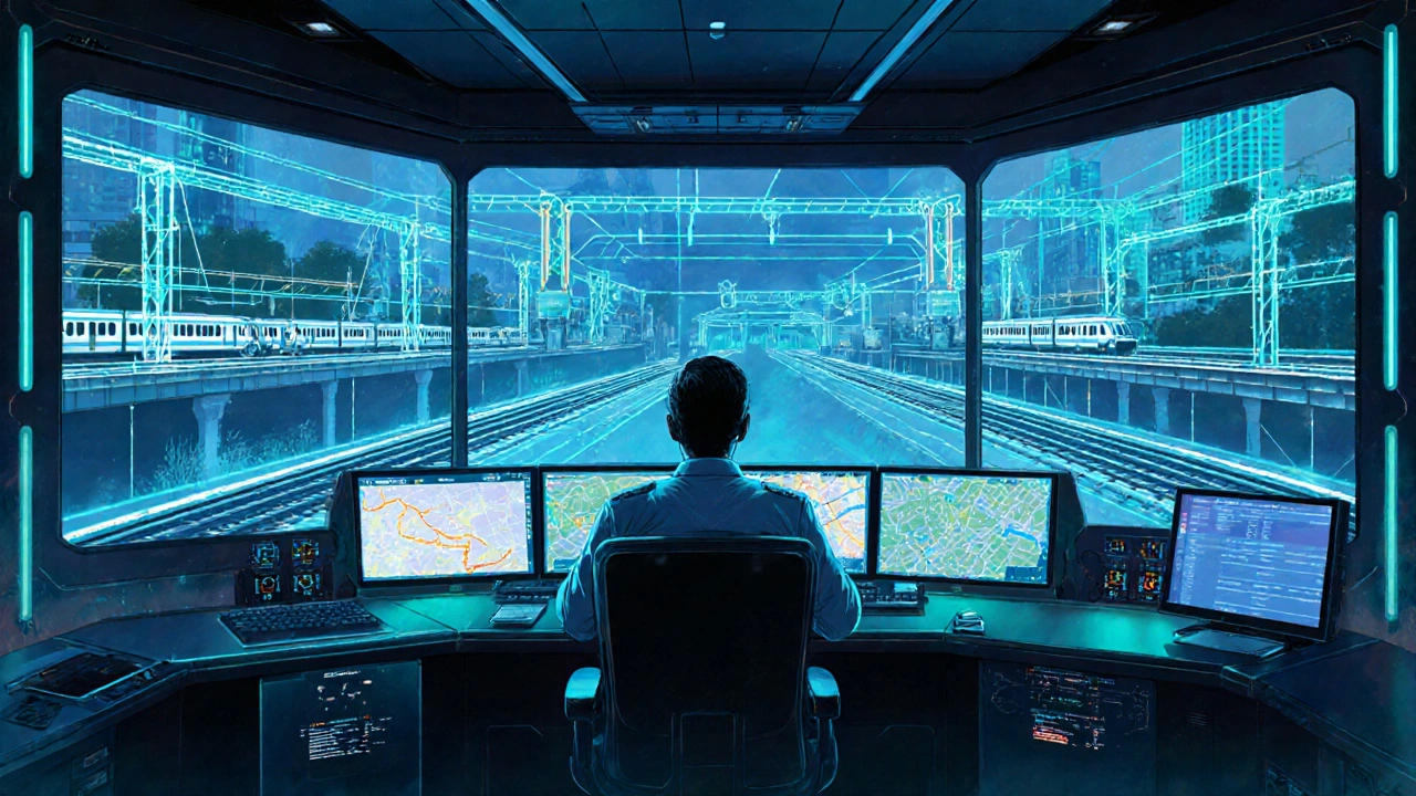 Futuristic control room with digital maps tracking automated DLR trains across East London.