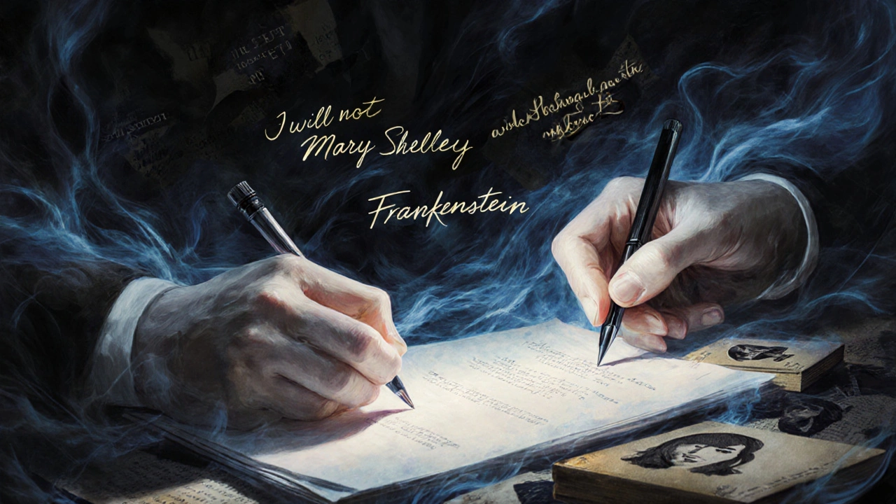 Ghostly hands write and edit over a historic manuscript, with floating words symbolizing literary dialogue across centuries.