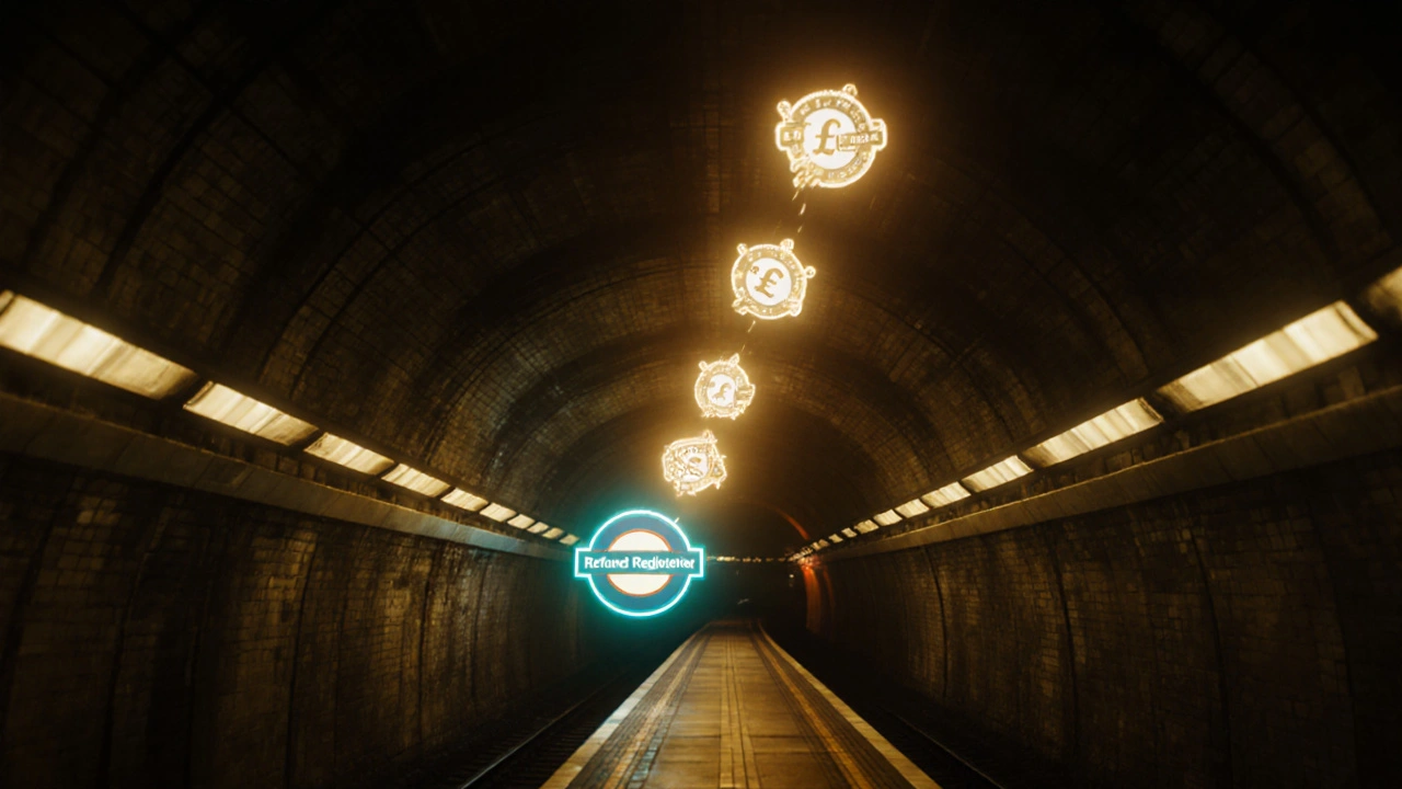 Glowing refund credits rising through London Underground tunnel, linked to delayed trains and account badge.