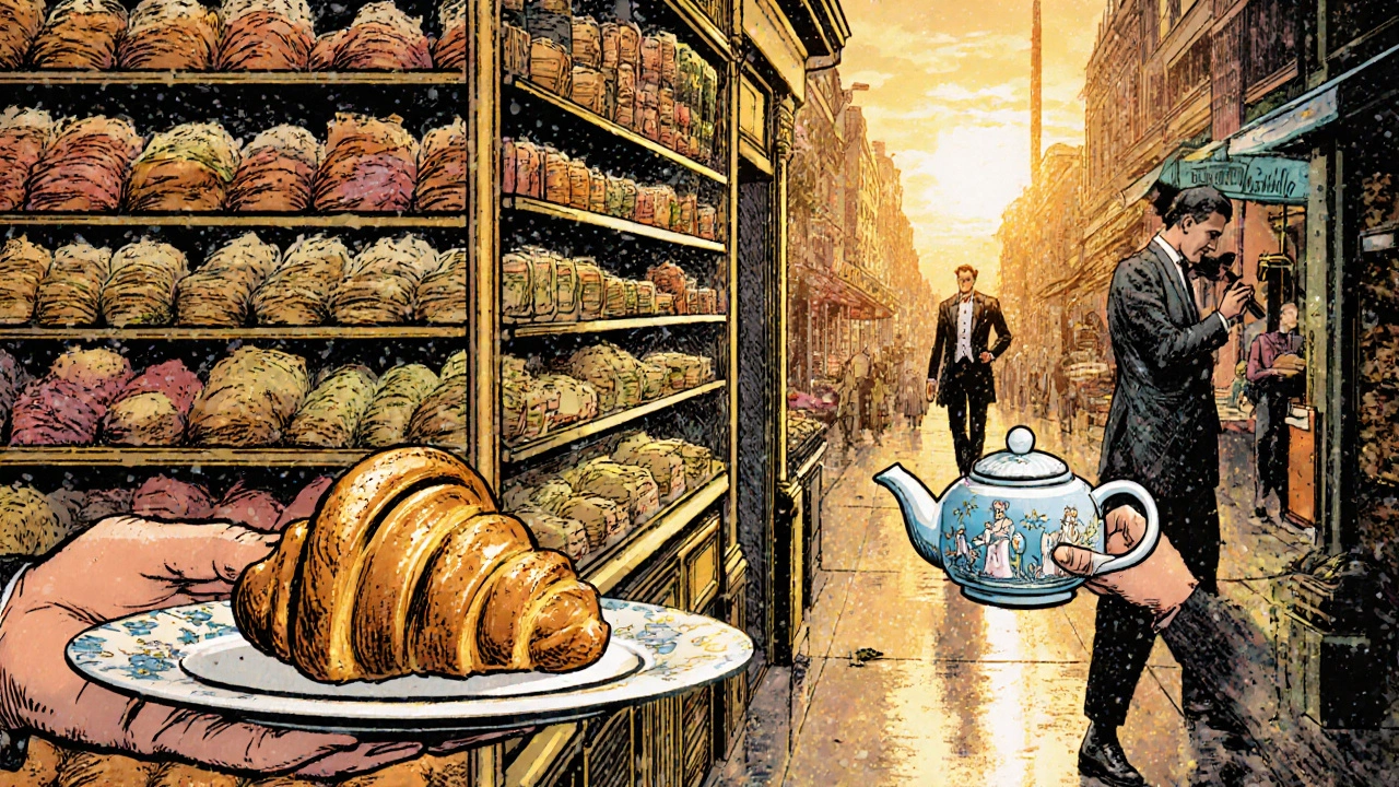 Harrods food hall with exotic teas and a vintage Wedgwood teapot.