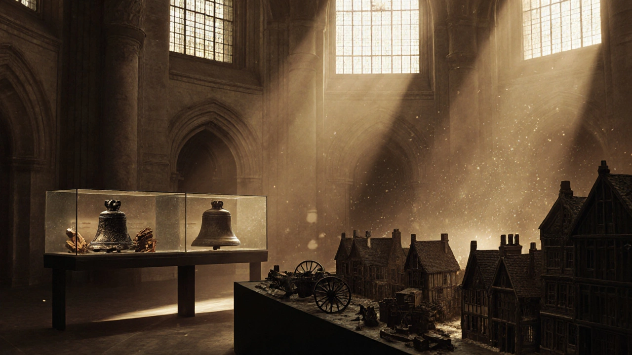 Inside the Monument’s museum, displaying charred relics and a model of 17th-century London under soft museum lighting.