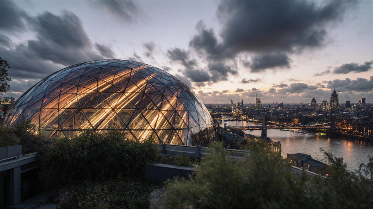Long-exposure twilight shot of Sky Garden&#039;s glass dome reflecting city lights with blurred clouds above.